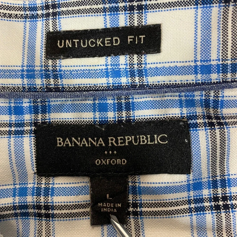 Banana Republic Mens Large Untucked Fit Oxford Shirt Blue Plaid Cotton